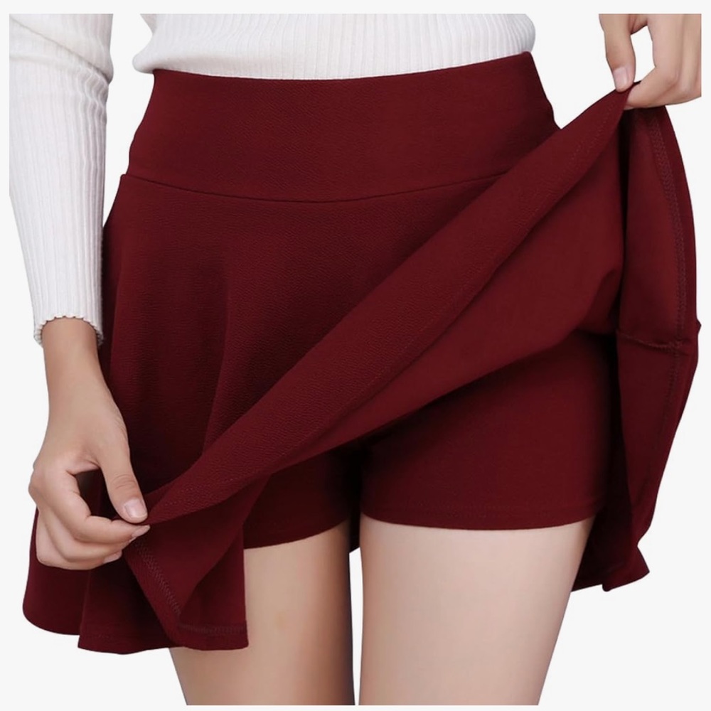 Maroon Flare A line skater skirt with high waist and concealed built-in shorts
